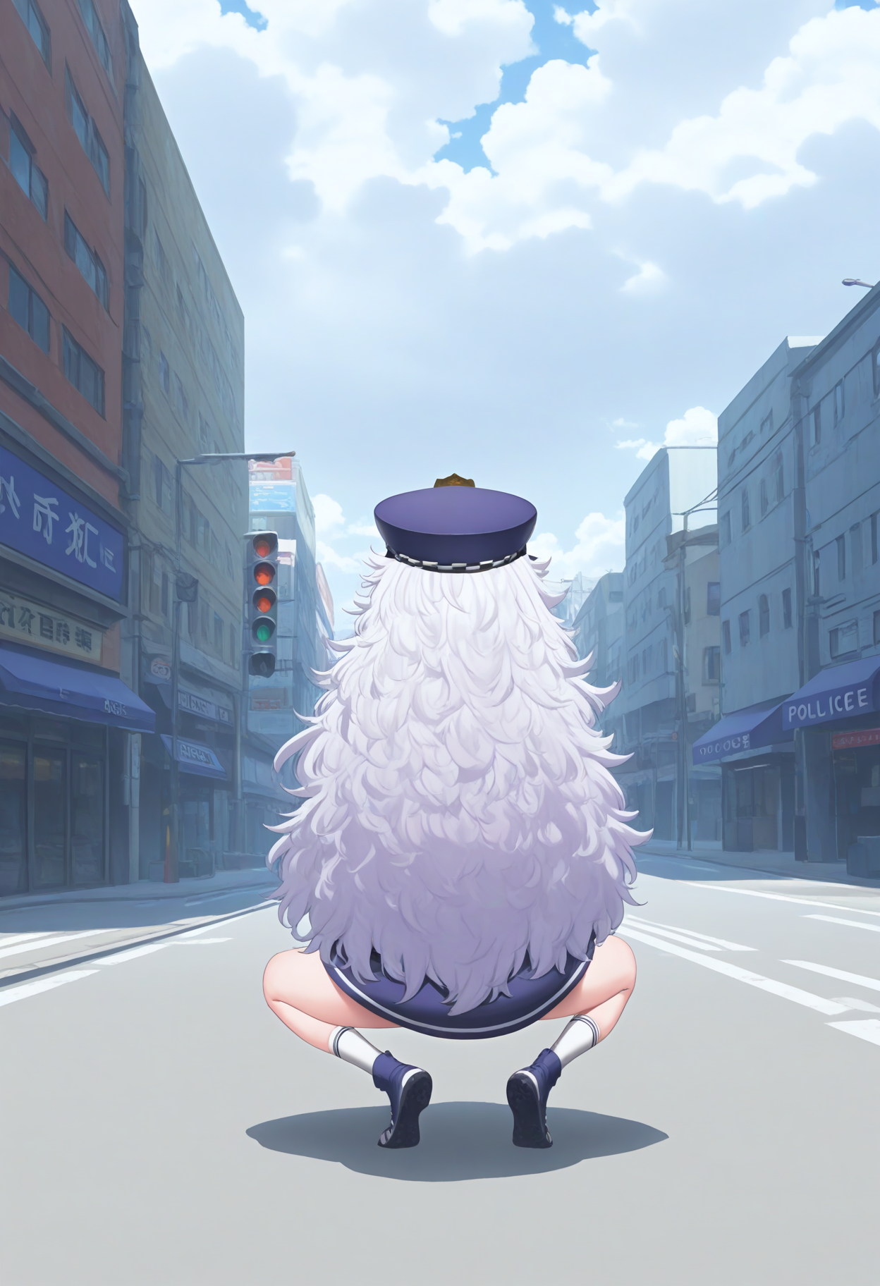 best hands, <lora:mn_poli_IL1.4:0.9> 
mn_poli, official art, 1girl, white very long Messy Hair, Footwear, from behind, squatting, facing away, Policeman's hat, white socks,
BREAK outdoors, street, Intersection, traffic lights, cars, day, cloudy sky, shadow,