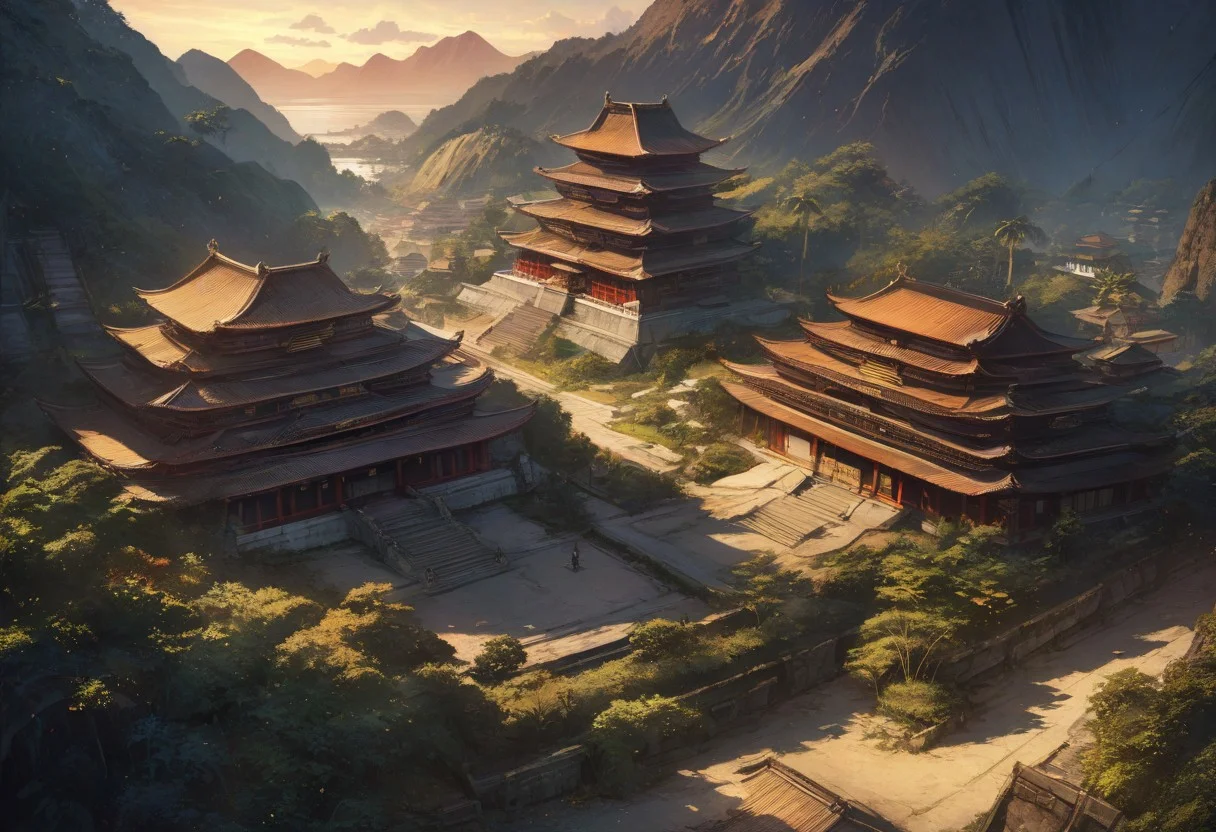 (((fullbody))),(graphic novel style, dark novel style, 2d:1.5),(anime),(masterpiece:1.4), (colourful, soft cinematic light:1.1), incredibly lifelike, Extremely high-resolution details, 8k, best quality, extremely detailed, contrast,
(((top down view))),
Buddhist temple,
tropics, palm trees, island, mountains, day, sun light,