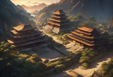 (((fullbody))),(graphic novel style, dark novel style, 2d:1.5),(anime),(masterpiece:1.4), (colourful, soft cinematic light:1.1), incredibly lifelike, Extremely high-resolution details, 8k, best quality, extremely detailed, contrast,
(((top down view))),
Buddhist temple,
tropics, palm trees, island, mountains, day, sun light,