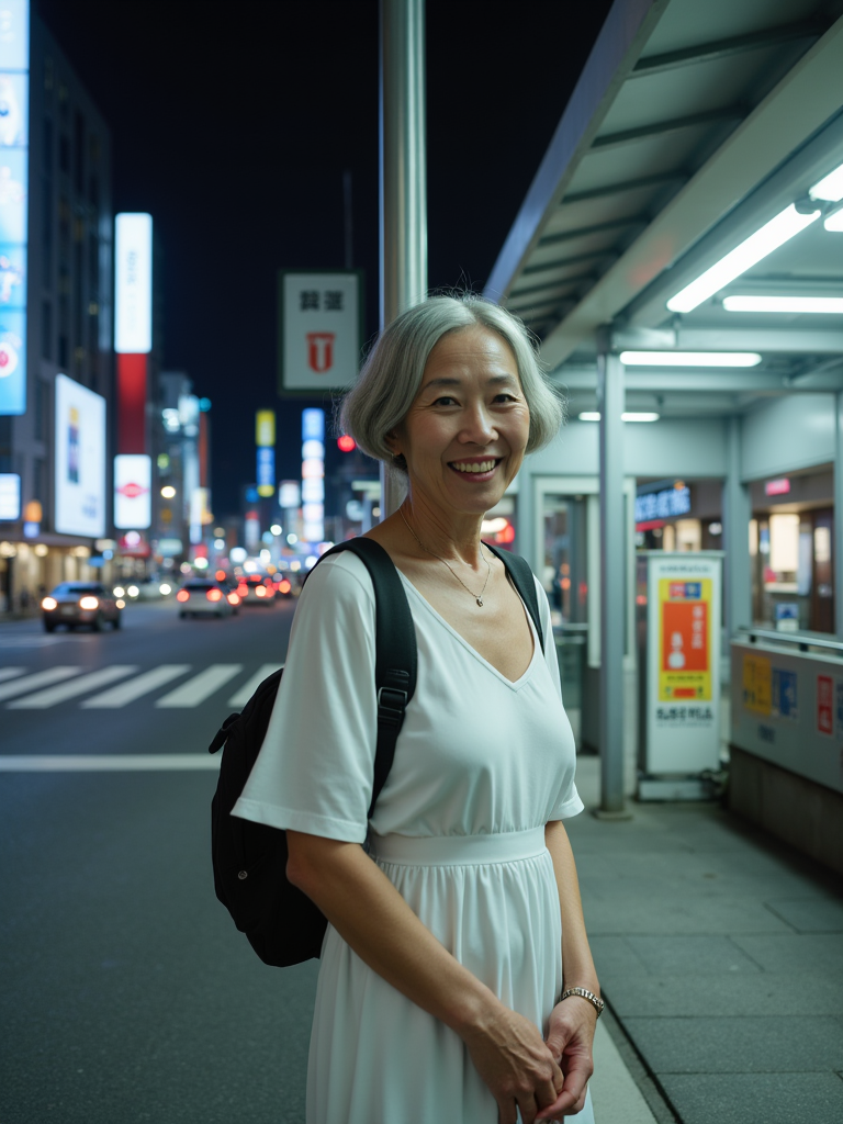 <lora:citybkgv2:1> citybkg, a beautiful smiling 75yo woman is at a bus station, she is wearing a white dress. Night, ambiance, detailed, street, cars, billboards on buildings, japan, futuristic, street marking, ground view, city lights, high buildings,
