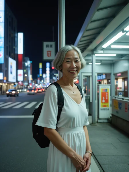 <lora:citybkgv2:1> citybkg, a beautiful smiling 75yo woman is at a bus station, she is wearing a white dress. Night, ambiance, detailed, street, cars, billboards on buildings, japan, futuristic, street marking, ground view, city lights, high buildings,