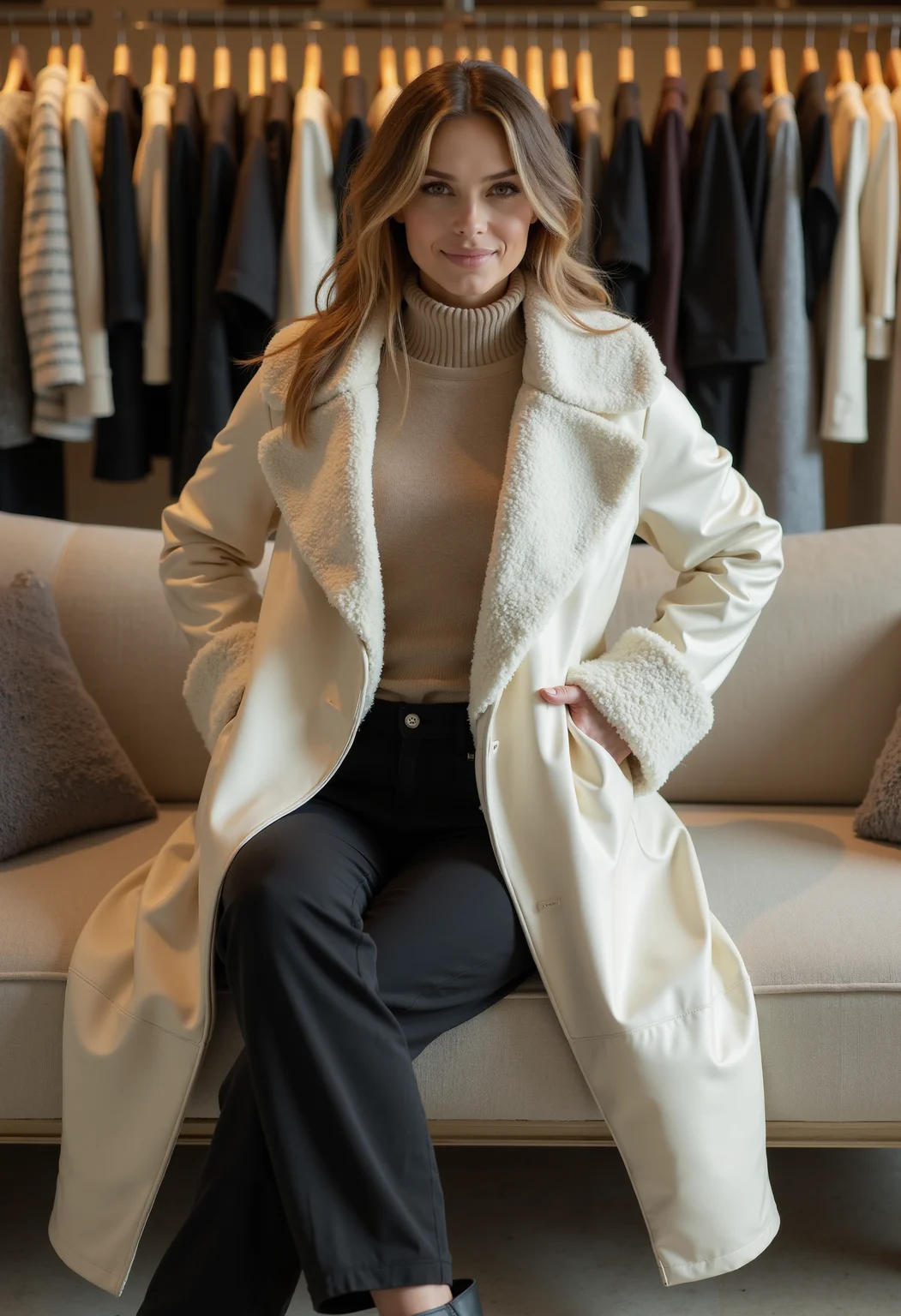 full body shot, beautiful woman, clo023, wearing a closed longline cream coat, shearling collar and cuffs, belted at the waist, sweater, black trousers, boots, sitting on a couch in a detailed fashion store,