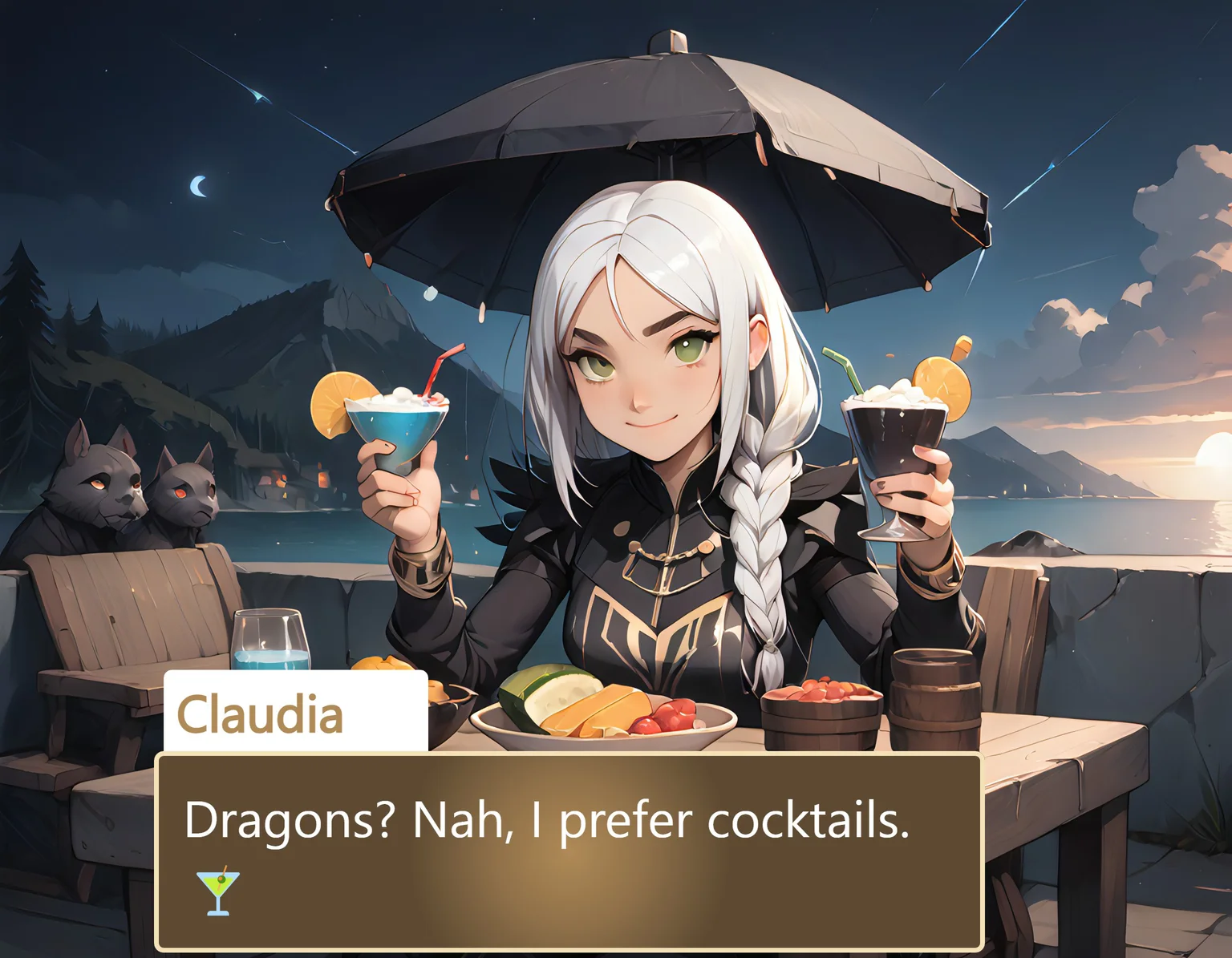 score_9_up, score_9, score_8_up, score_7_up, rating_explicit, , lora:748cmSDXL:1, best quality, masterpiece, perfect composition, official art, 748cmstyle, 1girl, silver necklace, braided bracelets, holding a margarita in a wide brimmed coupette glass, margaarta glass, salted rim, turquoise color drink, cucumber slice on rim, looking at viewer, cute smile, dynamic pose, standing, beach scenery, seaside, evening, bay, rocks, umbrella, beach chairs, beach lights, city lights in the distance, white plastic table, royal blue sky with fiery orange accents, clouds, volumetric lighting, perfect lighting, correct illumination, dark lighting, warm light, chiaroscuro,, g0thicPXL, glowing, neon,, S4bit4mago_illu, Claudia, White hair with a dark streak, Green eyes, Fair skin with rosy cheeks, Thick eyebrows, Golden-accented black and gray outfit, Black and brown belt with purple gemstone, Claudia,