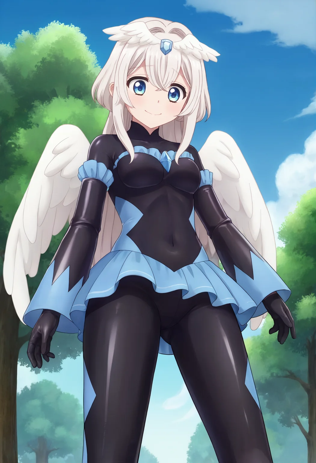 zPDXL, 1girl, solo, BREAK
towa \(tenshitsuki\), long hair, angel wings,
black badend-bodysuit, badend-tiara, blue skirt, blue frills, blue gem, gloves,
cowboy shot, from below,
outdoors, tree, blue sky,
<lora:bad-end-ot14-1701:0.8> <lora:Towa1:0.8>