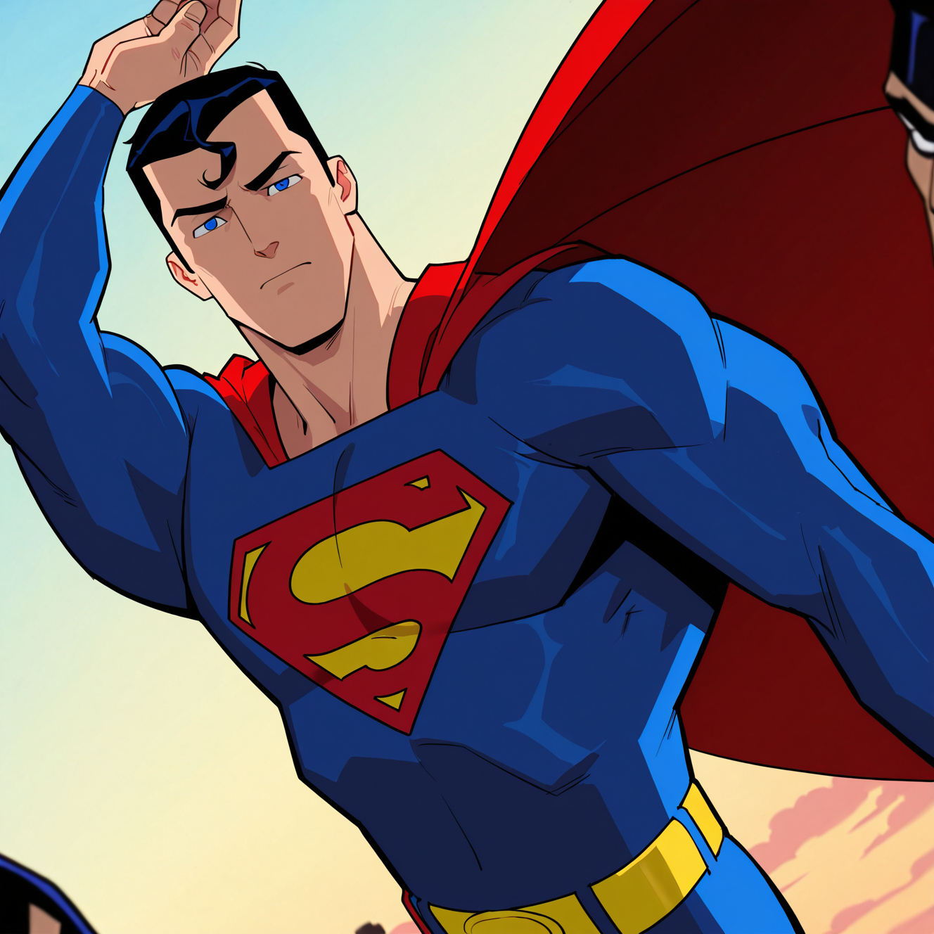 <lora:SUPERMAN_2004:1>
superman2004, looking at viewer, short hair, blue eyes, black hair, closed mouth, upper body, male focus, multiple boys, sky, solo focus, belt, 2boys, cape, arm up, muscular, mask, bodysuit, muscular male, 3boys, crossover, meme, blurry foreground, red cape, superhero, blue bodysuit, domino mask, cheekbones, black eyes, pectorals, serious, yellow belt
, motion blur, film grain, abstract, natural lighting, fantasy, cinematic, dynamic view, tilted angle, very awa, masterpiece, best quality, absurdres, newest, perfect quality, detailed background, intricate details, (artist:fl \(l-fl\):0.7), (artist:tooboshoo:0.7), (artist:dizdoodz:0.8)