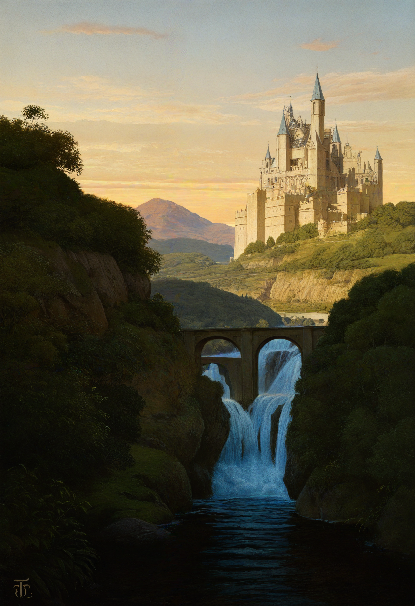 by thoma, castle, bridge, mountains, waterfall, sunset, scenery, no-humans, newest, masterpiece, best quality, absurdres, highres, general