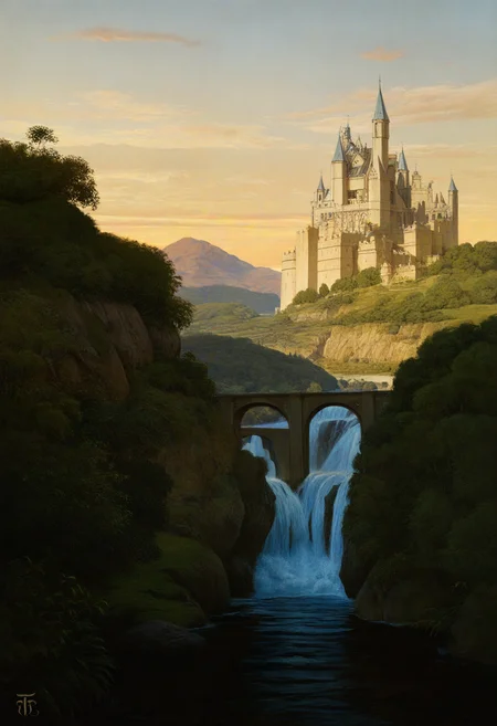 by thoma, castle, bridge, mountains, waterfall, sunset, scenery, no-humans, newest, masterpiece, best quality, absurdres, highres, general