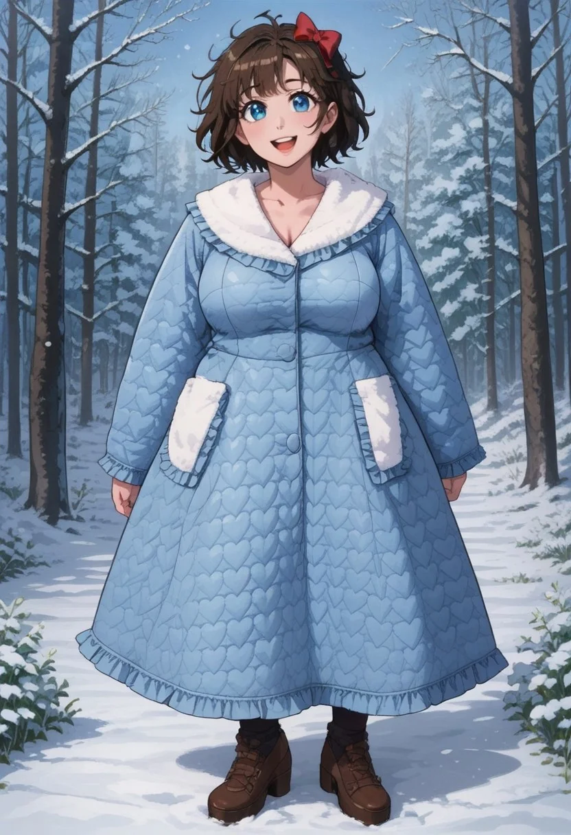 safe_pos, score_9, score_8_up, score_7_up, source anime,
masterpiece, best quality, detailed, amazing quality,
detailed background, winter, snow, winter forest,
detailed eyes, clean eyes,
dynamic pose, full body,
1woman, woman,
easynegative, 
slutty_m3l0dy, pale skin, short hair, blue eyes, dark brown hair, messy hair, curvy, chubby, big breasts, bow, frilly, cute, headbow, ribbon, stockings,
happy,
quilt_coat, blue coat,