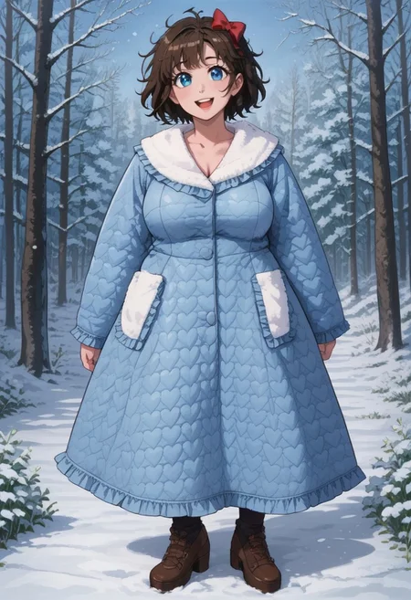 safe_pos, score_9, score_8_up, score_7_up, source anime,
masterpiece, best quality, detailed, amazing quality,
detailed background, winter, snow, winter forest,
detailed eyes, clean eyes,
dynamic pose, full body,
1woman, woman,
easynegative,
slutty_m3l0dy, pale skin, short hair, blue eyes, dark brown hair, messy hair, curvy, chubby, big breasts, bow, frilly, cute, headbow, ribbon, stockings,
happy,
quilt_coat, blue coat,