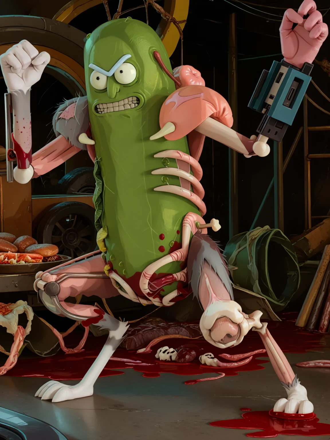 score_9, score_8_up, score_7_up, score_6_up, <lora:SkinRealityOrg_ponyv6_loraplus:1> real skin, realistic
<lora:Pickle_Rick_-_Rick_and_Morty:1> picklerick, 1boy, anthro, pickle, unibrow, teeth, mecha pilot suit, bone, meat, blood, action pose , holding weapon,