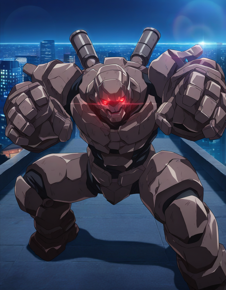 1boy, solo, golem, robot, exhaust pipe, action pose, dark body, looking at viewer, red eyes, glowing eyes, city, night, detailed face, detailed eyes, (lens flare), anime screenshot, (masterpiece, best quality, very aesthetic, amazing quality), absurdres, highres