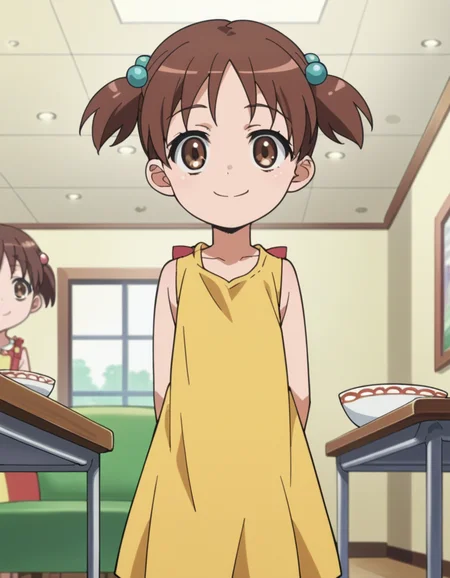 score_9, score_8_up, score_7_up, source_anime, <lora:kana-hazamaya-s1-ponyxl-lora-nochekaiser:1>, kana hazamaya, short hair, brown hair, hair ornament, twintails, brown eyes, hair bobbles, short twintails, child, anime screencap,, dress, sleeveless, yellow dress, dining room, table, chairs, dishes, cutlery, smile, hands behind back, bent over,, looking at viewer, solo,, dutch angle, cowboy shot