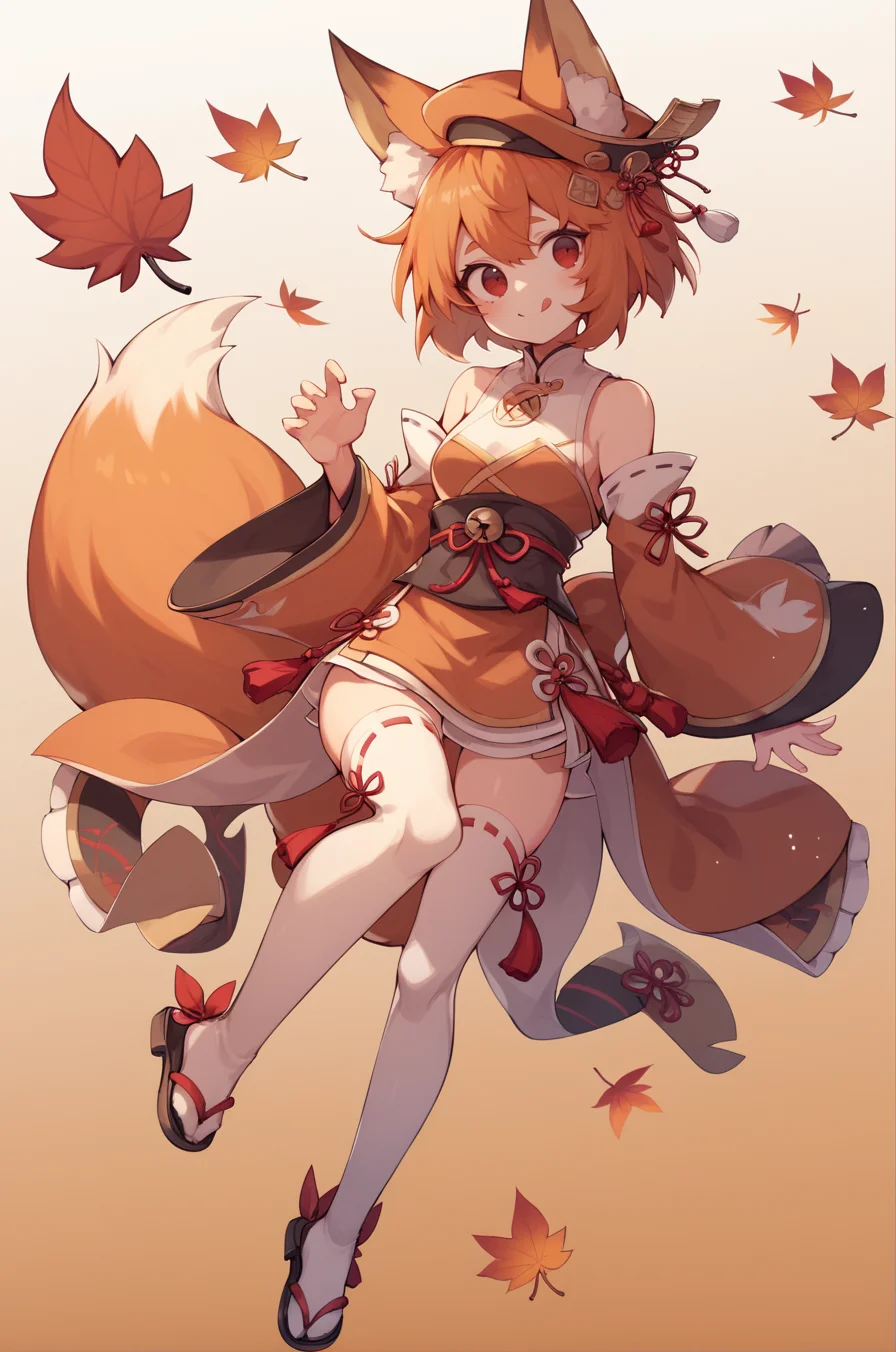 score_9, score_8_up, score_7_up, score_6_up, 1girl, acorn, autumn, autumn leaves, bare shoulders, orange hair, detached sleeves, falling leaves, fox, fox ears, fox tail, gradient, gradient background, hat, short hair, maple leaf, red eyes, sandals, solo, tail, thighhighs, smile, tongue out, thighhighs, <lora:Uekura_eku_Style-000009:0.8>, dynamic pose,