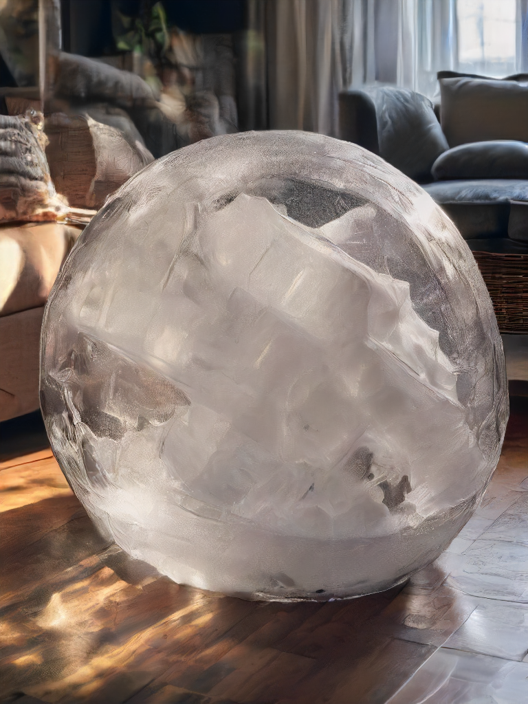 a bal made out of ice and fail inside a cozy living room on a sunny day, detailed, high quality