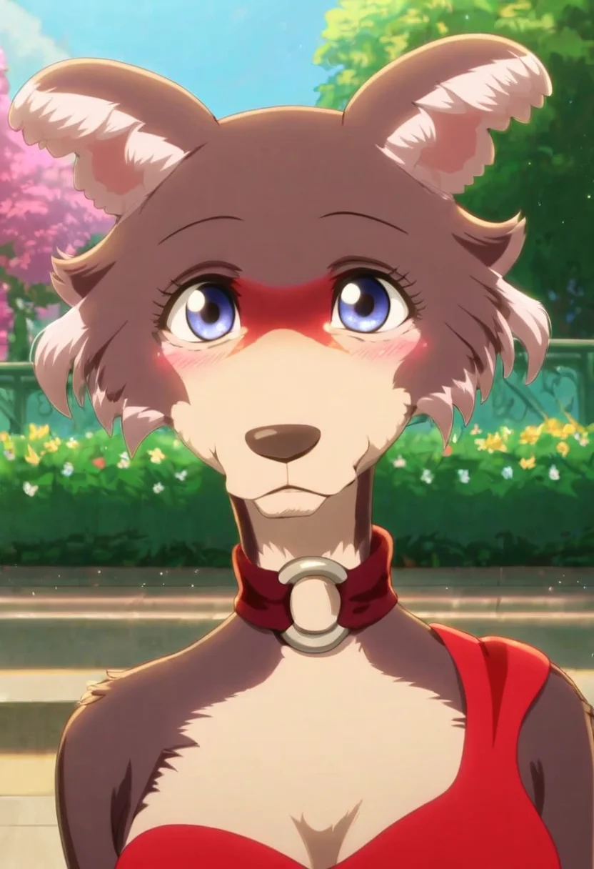 score_9, score_8_up, score_8, score_7_up, score_7, score_6, sidelighting, volumetric lighting, ray tracing, detailed lighting, subsurface scattering, (masterpiece, best quality), very aesthetic, source_furry, solo, cute, blush, cute pose, juno, wolf girl, brown-purple fur, blue eyes, wolf tail, red dress, o-ring choker, makeup, rhinestones on face, feathers, red shoes, <lora:JunoUpdated:1>, outdoors, (upper body, face focus, close, looking at viewer, walks to viewer, walking in the park:1.2), park background, flowers, ultra-detailed, absurdres, depth of field, blurry background, cute smile, 1girl, (girly:1.2), (fullfigured ,voluptuous:1.4), medium breasts, round breasts, perky breasts, detailed fur, Expressiveh, <lora:Expressive_H:0.8>, <lora:Detail_Slider_v1.4_iteration_3:4>