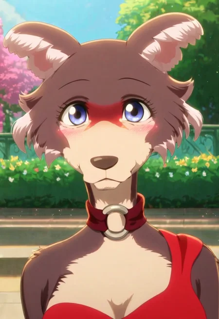 score_9, score_8_up, score_8, score_7_up, score_7, score_6, sidelighting, volumetric lighting, ray tracing, detailed lighting, subsurface scattering, (masterpiece, best quality), very aesthetic, source_furry,  solo, cute, blush, cute  pose, juno, wolf girl, brown-purple fur, blue eyes, wolf tail, red dress, o-ring choker, makeup, rhinestones on face, feathers, red shoes, <lora:JunoUpdated:1>, outdoors,  (upper body, face focus, close, looking at viewer, walks to viewer,  walking in the park:1.2), park background, flowers, ultra-detailed, absurdres, depth of field, blurry background, cute smile, 1girl, (girly:1.2), (fullfigured ,voluptuous:1.4),  medium breasts, round breasts,  perky breasts,  detailed fur,  Expressiveh, <lora:Expressive_H:0.8>, <lora:Detail_Slider_v1.4_iteration_3:4>