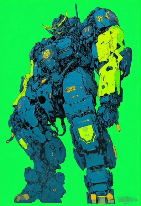 high contrast neon anime style in lime green and navy blue. A large battletank
