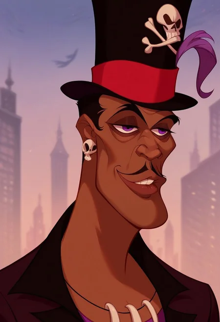 score_9, score_8_up, score_7_up, Dr. Falicier, skinny, slim mustache, dark skin, purple eyes, tooth gap, dominant chin, full lips, prominent cheekbones, top hat with skull, Falicier-outfit, city background