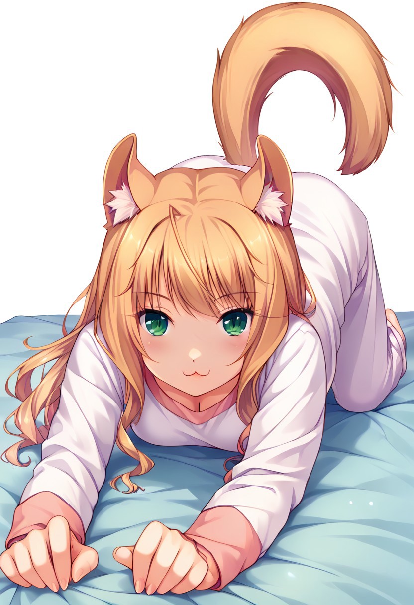 score_9, score_8_up, score_7_up, score_6_up, score_5_up, score_4_up, detailed eyes, detailed skin, source_anime, source_anime, BREAK, Maple, looking_at_viewer, solo, medium_breasts, cat_ears, animal_ear_fluff, cat_tail, <lora:Maple_V1(SDXL)_2:0.8> <lora:hand 4:1>, Hand, detailed, perfect, perfection, hands, BREAK, tshirt, white tshirt, oversized tshirt, pajama pants, BREAK, bed, bed room, BREAK, catstretch, joy, happy, morning, morning light, top-down bottom-up, stretching, full body, all fours, :3, Hands, detailed hands,