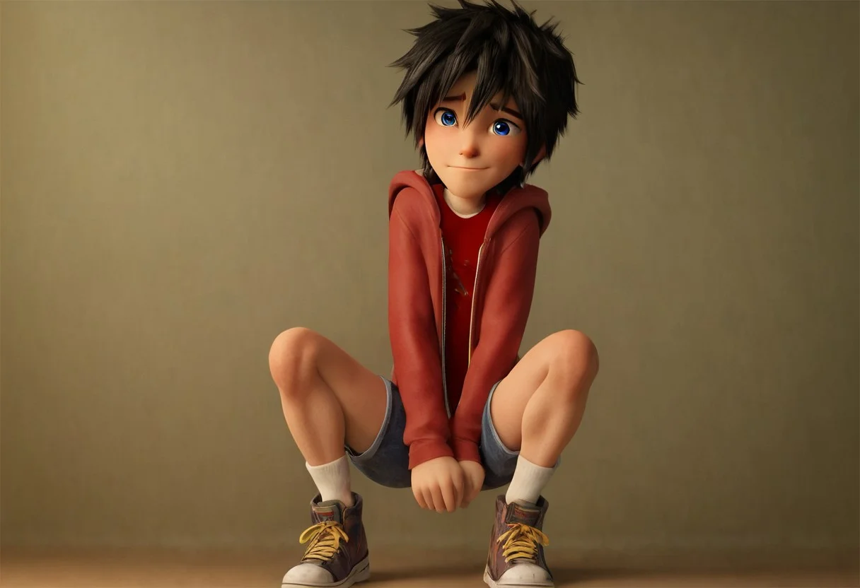 score_9, score_8_up, score_7_up, 8k, masterpiece, charturnerv2, 3d, sz4d3k, cell shaded, face focus, even skin tone, indirect lighting, detailed face, detailed eyes, detailed, male only, 1boy, solo, alone, Hiro Hamada, black hair, blue eyes, red shirt, hoodie, jean shorts, shoes,