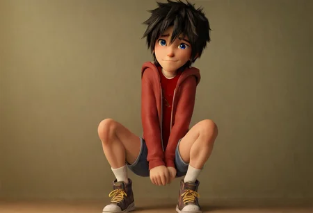score_9, score_8_up, score_7_up, 8k, masterpiece, charturnerv2, 3d, sz4d3k, cell shaded, face focus, even skin tone, indirect lighting, detailed face, detailed eyes, detailed, male only, 1boy, solo, alone, Hiro Hamada, black hair, blue eyes, red shirt, hoodie, jean shorts, shoes,