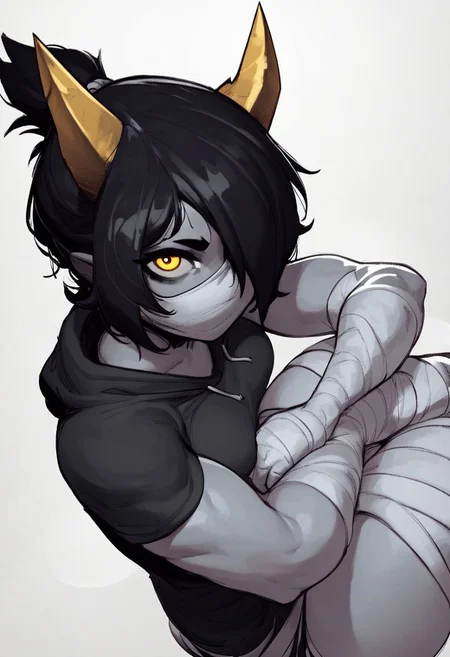 score_9, score_8_up, score_7_up, 1girl, Polypa Goezee, bandaged face, bandaged arms, bandaged legs, black hair, ponytail, small breasts, horns, yellow eyes, petite, muscular, arms crossed, looking at viewer, raised eyebrow, bandages over eye, looking at viewer, grey colored skin, white background, black hoodie