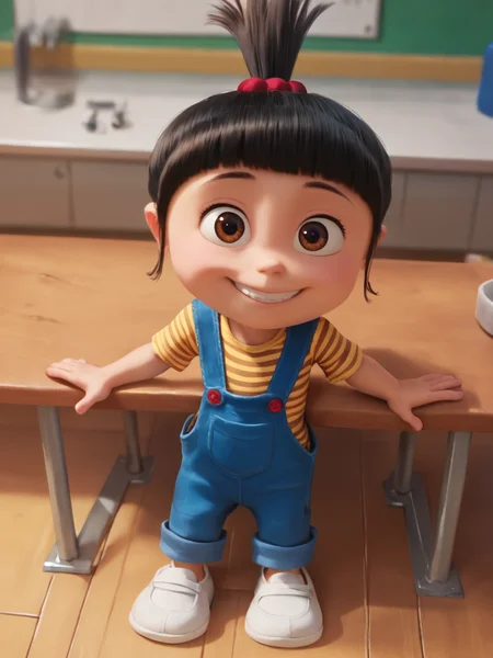 score_9, score_8_up, score_7_up, BREAK, 4gn3sG2u, 1girl, solo, smile, black hair, brown eyes, hair ornament, ponytail, child, striped shirt, overalls, white footwear, smile, looking at viewer, sitting on a table, <lora:Agnes_Gru:0.9>