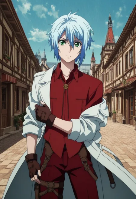 ((High quality, high definition)), ((1boy, 1male only, solo male only, male focus, male only)), ((1 illustration only)), ((anime, anime screencap)), ((Victor, light blue hair, green eyes, red collared shirt, white open coat, coat off shoulder, rolled sleeves, fingerless gloves, dark red pants, hanging suspenders, leg holster)), cowboy shot, head to hips shot, front view, facing front, looking at viewer, old European town, blue sky
