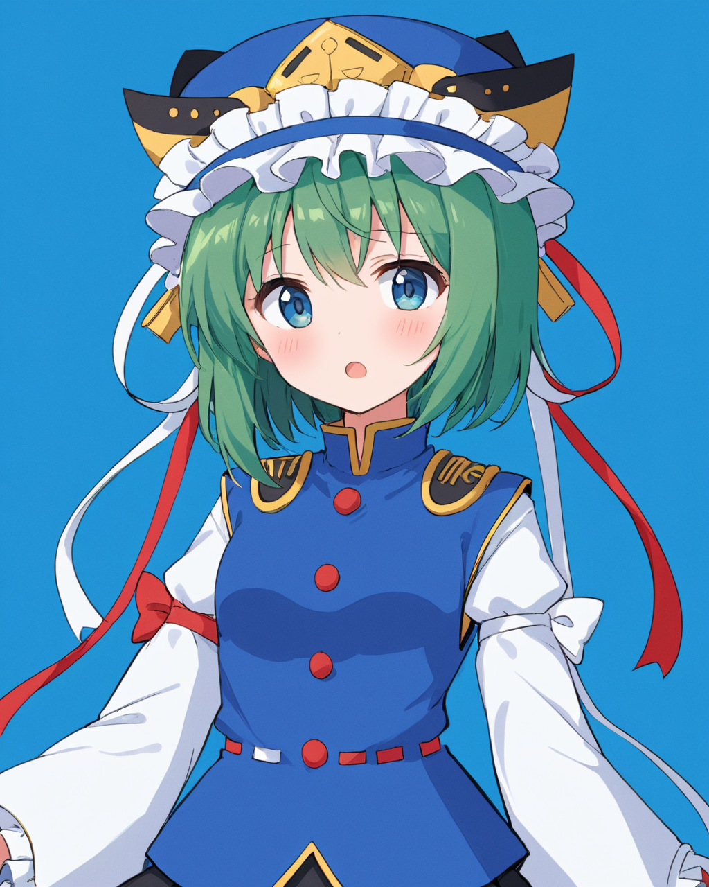 shiki eiki,1girl, solo, long_sleeves, blue_vest, simple_background, looking_at_viewer, upper_body, blue_background, open_mouth, epaulettes, blush, wide_sleeves, blue_headwear, :o, white_shirt, black_skirt, frilled_hat, bow, ribbon, buttons, v-shaped_eyebrows
<lora:shiki_eiki_image6175_2023-12-14-000007:1>,star-shaped_pupils,symbol-shaped_pupils,. gorgeous,key visual, vibrant, studio anime,award-winning, professional, highly detailed,high budget, cinemascope