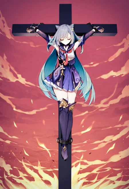 masterpiece, absurdres, best quality, very authentic, perspective, 1girl, solo, from below, full body, brynhildr \(fate\), very long hair, aqua hair, blue colored inner hair, (elbow gauntlets:1.2), armored thigh boots, sailor collar, necktie, armored minidress, pleated skirt, sleeveless, regular cross haritsuke, glass cross, suspension, (arms up, \o/:1.2), leaning forward, legs together, crossed legs, closed eyes, expressionless, wide shot, sky, red sky, burning, (fire:1.1), fire particles, red and black theme, cloud, dark, wind, floating hair, chain restrained, wrist shackles, ankle shackles, yogisya, wanke, chain, <lora:Yogisya_XL:0.8>, <lora:hrtk2.0-anxl31-000082:0.7>, <lora:a31_style_hito_komoru:0.8>, keqing \(genshin impact\)