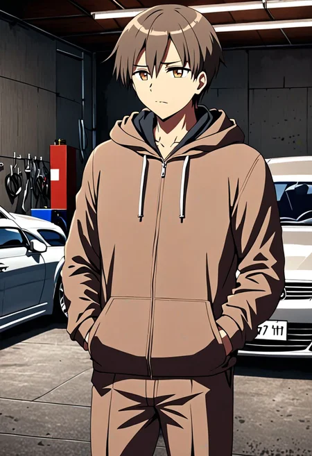 high resolution, solo, best quality, 1Boy, Takaki Toono, Brownish Hair, Brown Eyes, lounge suit, hoodie, car garage, OverallDetail