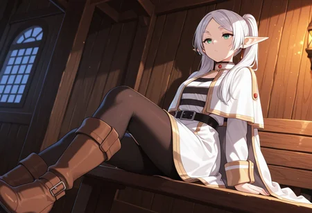 Masterpiece, best quality, ultra-detailed, dynamic pose, dynamic angle, dynamic composition, vibrant colors, high contrast, thick lines, strong shadows, saturated colors, igirl, solo,
frier3n, Pointy ears, pigtails, elf, long hair, green eyes, parted bangs, white hair, white cape, white dress, tights, brown boots,
In a tavern, sitting on a bench, bored,