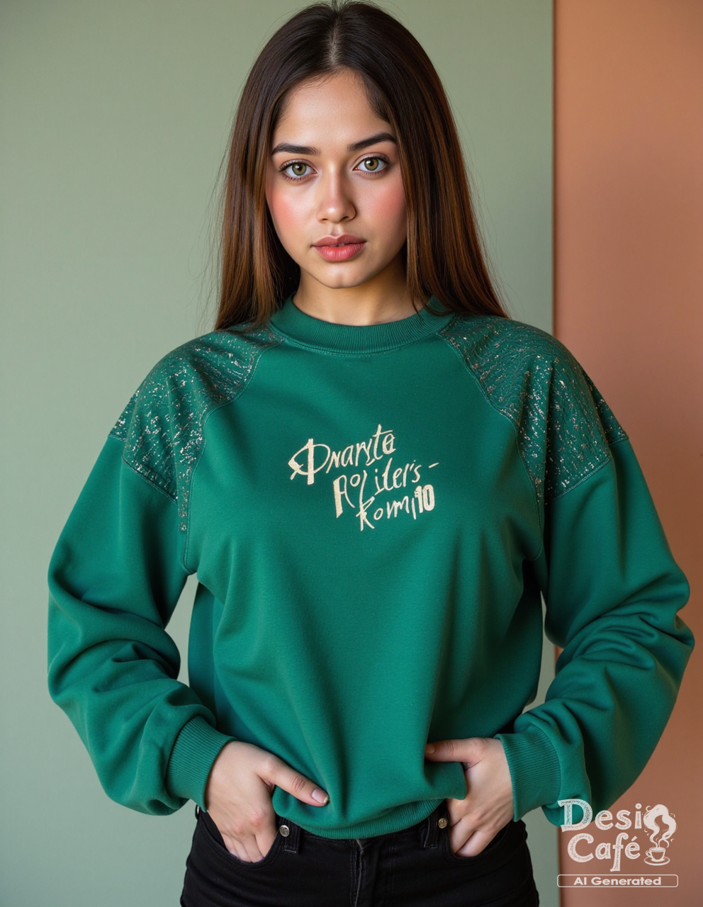 full body photo of j4nn4t zub41r woman, hyper realistic photo that is safe for work, power pose, studio quality image with natural colors, well dressed wearing intricate long sleeved Emerald sweatshirt, hair styled as  straight hair,muted pastel shaded multicolored background that contrasts with the person, cinematic lighting,âââââ    <lora:j4nn4t_zub41r_Jannat_Zubair_Flux_Kohya_V1:1>âââ