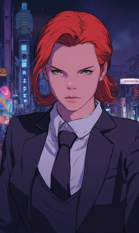 mature woman wearing a suit and tie close up portrait photo , red hair, green eyes, closeup on facecyberpunk anime city at night, comic illustration<lora:Flux\mine\smalleyes.safetensors:1.0:1.0> <lora:Flux\CPA.safetensors:1.0:1.0>