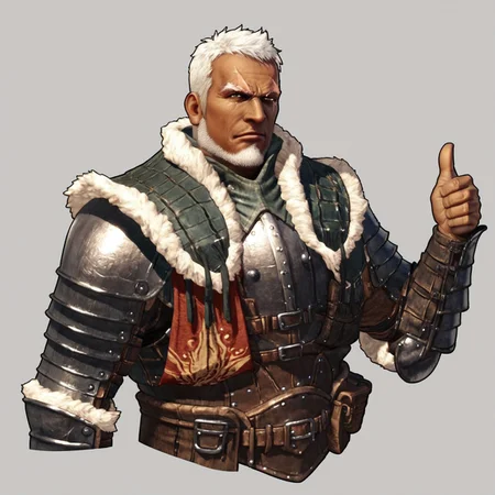 Zpdxl3, Score_7_up, score_8_up, solo male, upper body, detailed,
BREAK,
MHCommander, dark-skinned male, facial hair, scar on face, mature male, fur collar, armor, one hand raised, (thumbs up:1.35) simple background,