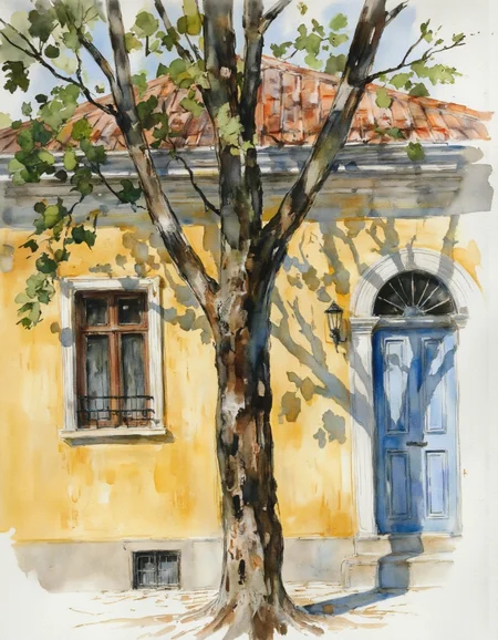 AquarelleIV. a watercolor painting of a tree in front of a yellow house with a blue door, a window, and a light attached to the wall. The tree is painted with its branches and leaves detailed and its trunk and branches reaching up towards the sky. The yellow house is painted with a warm, inviting hue, and the light from the window casts a soft glow on the scene, dramatic impactful colors.
A beautiful shadow cast from the tree on the wall of the house, highlighting its texture even more. Emphasizes spontaneous and gestural brushwork, explores emotions and inner
