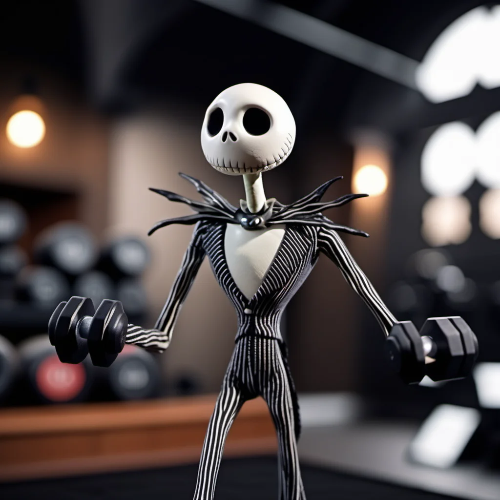 JackSkellington1024, full body, lifting dumbbells in a gym, highly detailed, photography, ultra sharp, film, bokeh, professional, 4k <lora:JackSkellington1024-000495:0.5>