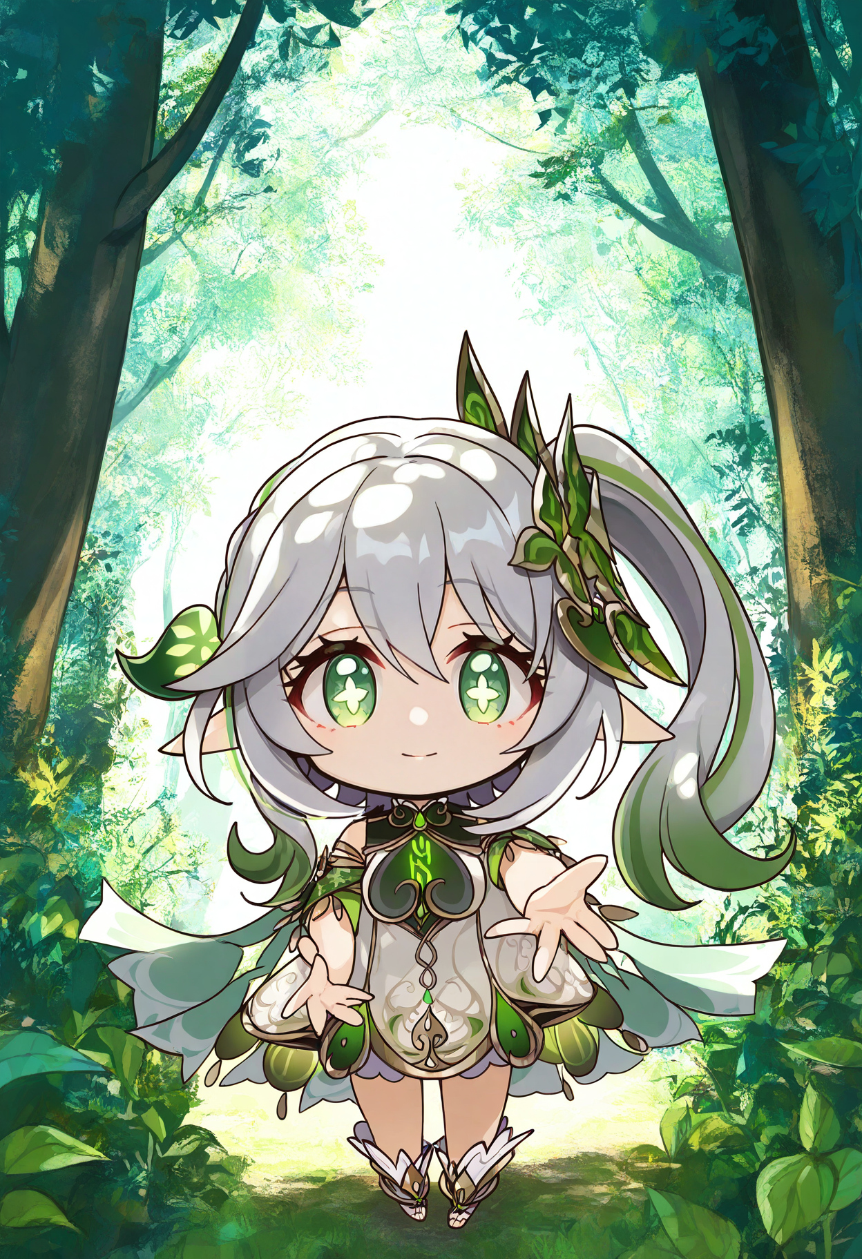(masterpiece, best quality, highres, absurdres, very detailed, very aesthetic:1.22), (detailed eyes), large breasts, nahida \(genshin impact\), light smile, detailed scenery, foliage, chibi, forest canopy, dappled sunlight, shade, reaching towards viewer, open hand,  <lora:komowata_haruka_ct15v_1-04:1>