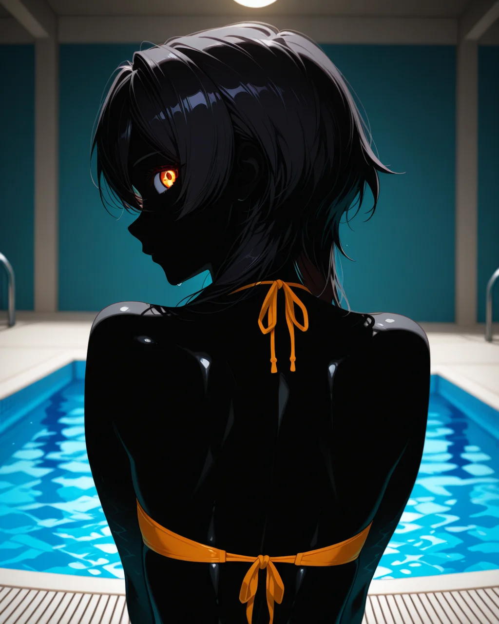 masterpiece,best quality,higres illustration,detailed face,1girl,<lora:shadowgirls_IL:1>,black skin,looking at viewer,bikini,pool,looking back,upper body,