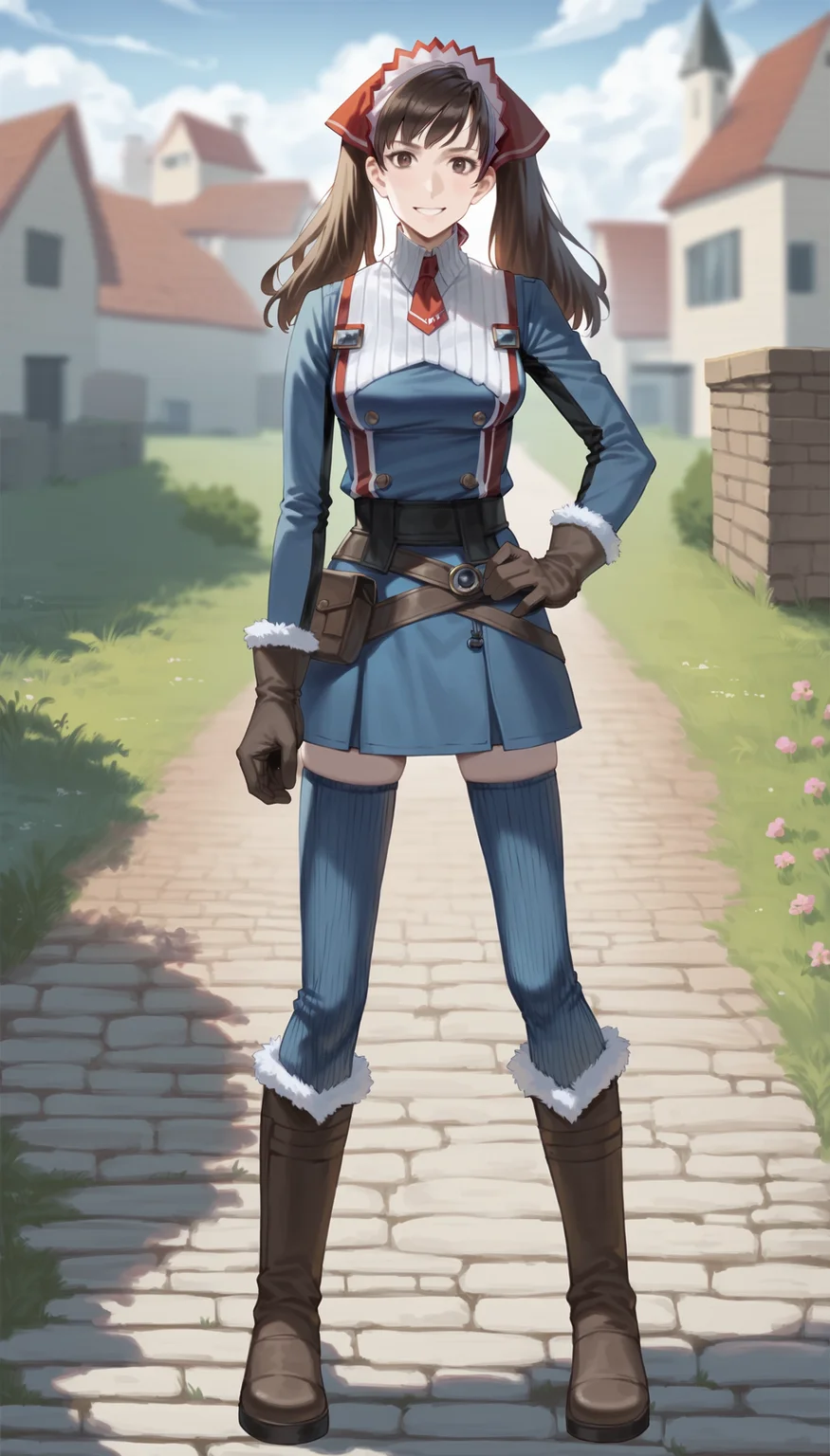 score_9,score_8_up,score_7_up,
realistic,highly detailed,
<lora:aliciamelchiott:0.9>,aliciamelchiott,1girl,solo,
brown hair,twintails,brown eyes,headdress,military uniform,white collar,red necktie,brown gloves with fur trim,brown belt,dark blue skirt,dark blue thighhighs,knee boots with fur trim,boots,full body,
looking at viewer,smile,
outdoors,countryside,vignetting,blurry background,