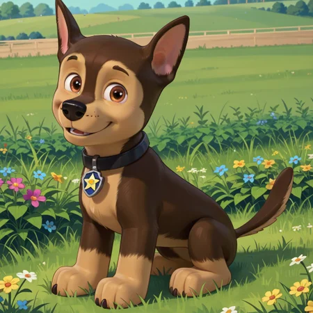 score_9, score_8_up, score_7_up, score_6_up, source_cartoon, Chase(PP), solo, 1boy, feral, German shepherd, dog, brown and tan fur, brown eyes, black nose, thin tail, black collar, star (symbol) tag, full body, looking at viewer, sitting, smile, sunny, grass field background,