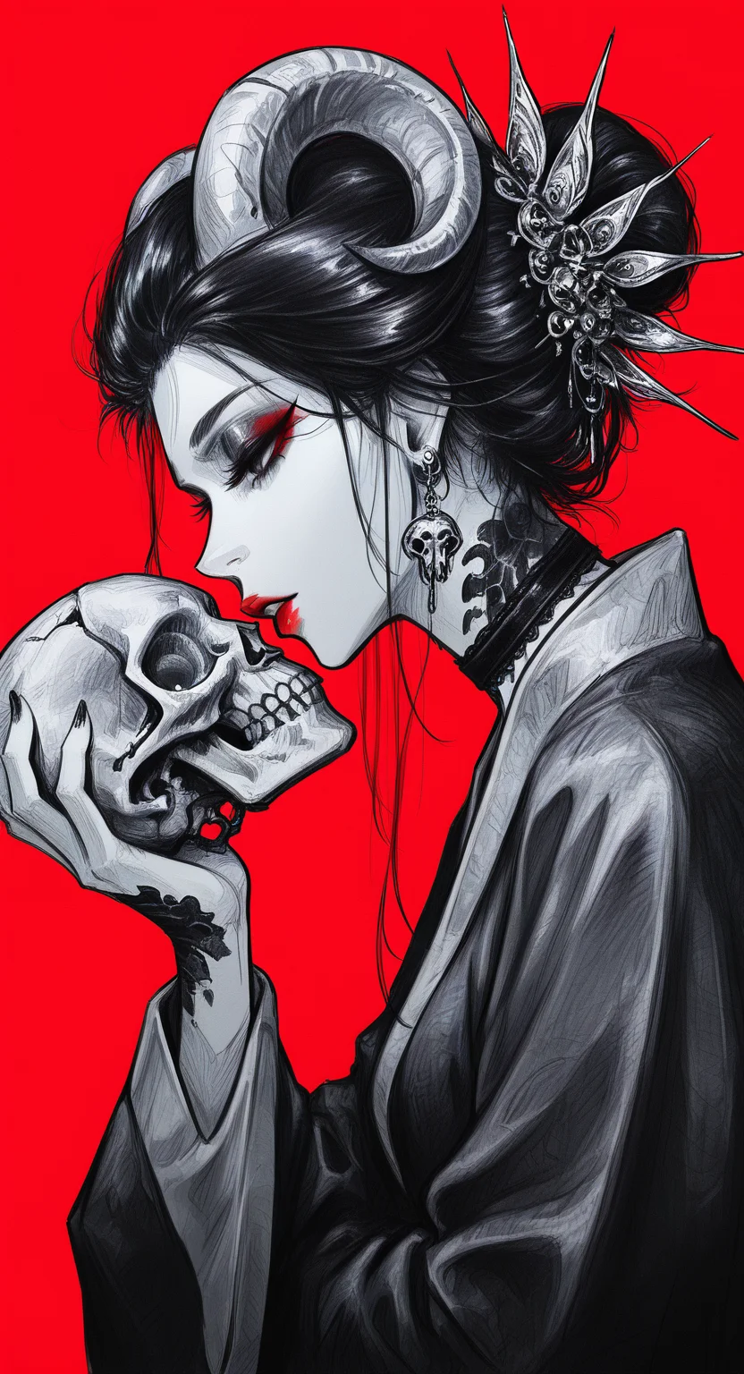 masterpiece, best quality, good quality, very awa, very aesthetic, absurdres, newest, 1girl, solo, long hair, simple background, long sleeves, hair ornament, holding, jewelry, upper body, monochrome, earrings, parted lips, choker, hand up, wide sleeves, hair bun, from side, eyelashes, lips, profile, makeup, half-closed eyes, single hair bun, lipstick, kiss, red background, eyeshadow, spot color, skull, red lips, red theme, greyscale with colored background, holding skull,fingernails, scales, curled horns, drawing style, monochrome, greyscale <lora:ponyv6_noobV1_2_adamW-000017:0.7> <lora:USNR_STYLE_XL_lokr:0.45> <lora:drawing_style_illustriousXL:0.75>