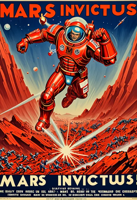 <lora:vintage_poster:0.9> vntgpstr of "(MARS INVICTUS!:1.5)", highly detailed propaganda poster of the earth-mars-conflict, red armored fist crushing earth, broken chains, menacing space-navy warfleet in the sky overhead, glorious victory