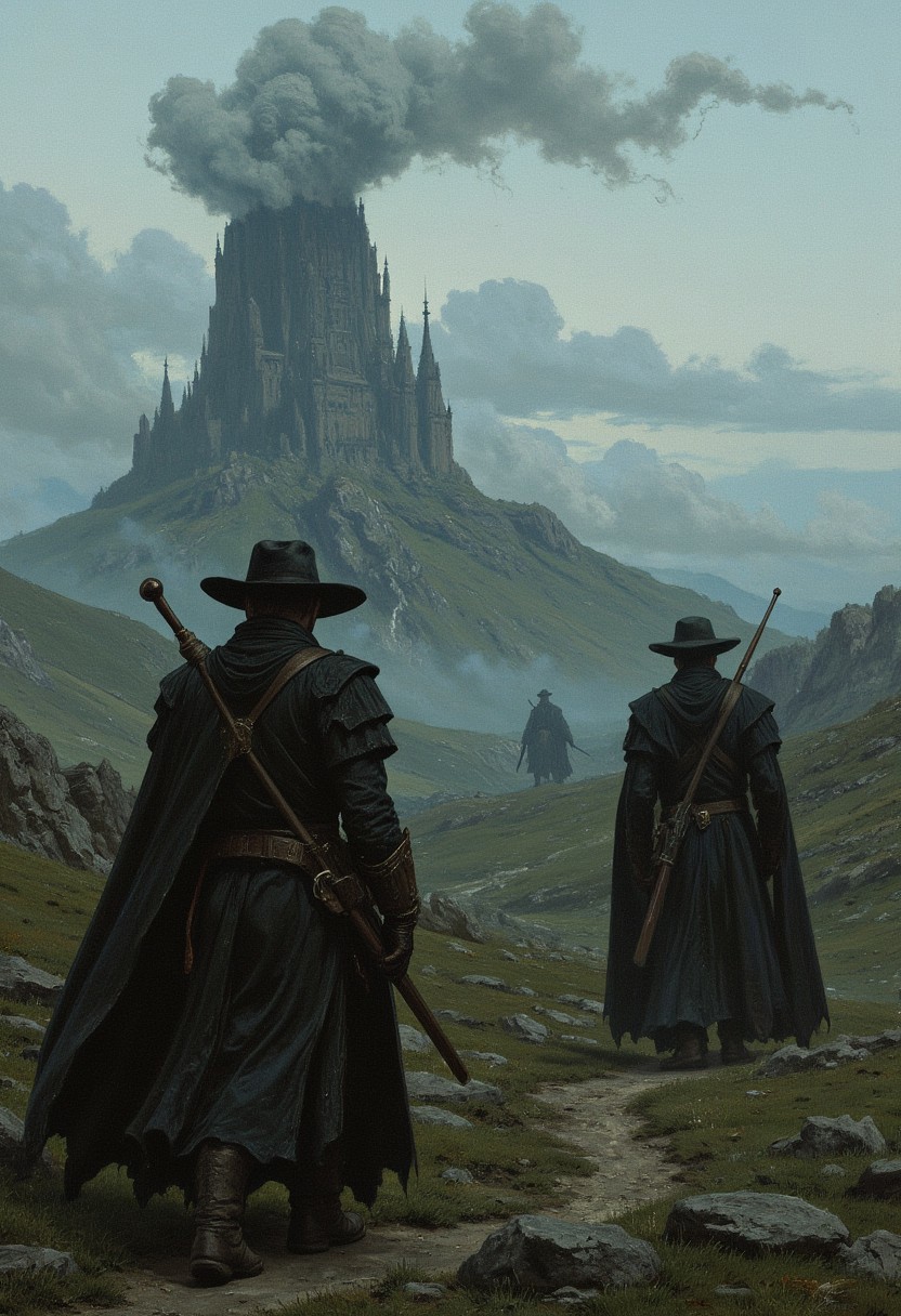 An eerie, fog-laden scene at the outskirts of the Barony of Gilead, where ghostly figures of fallen Gunslingers wander, bound to the land they once protected. The fog swirls around their spectral forms, their holstered guns rusted and silent.