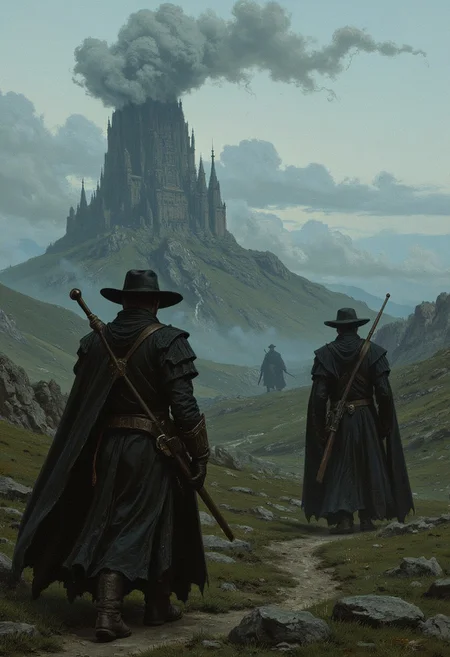 An eerie, fog-laden scene at the outskirts of the Barony of Gilead, where ghostly figures of fallen Gunslingers wander, bound to the land they once protected. The fog swirls around their spectral forms, their holstered guns rusted and silent.