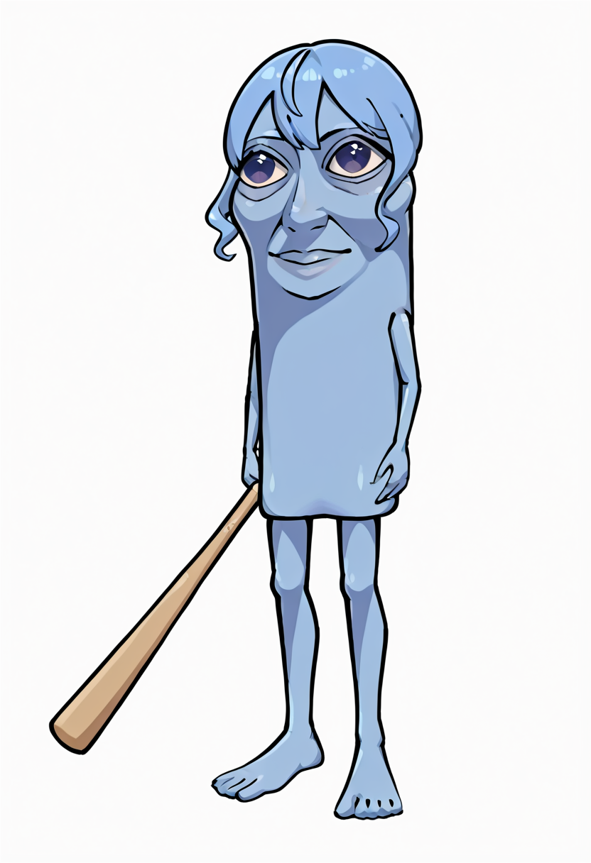 masterpiece, high quality, best quality, 1girl, ttsahur, hoshimachi suisei, simple background, white background, barefoot, full body, standing, holding weapon, baseball bat, holding baseball bat, colored skin, blue skin, <lora:tung_tung_tung_sahur-000010:1>,