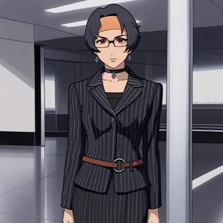 <lora:Haruka_pony_v1:1> Haruka, 1girl, solo, short hair, red eyes, black hair, headband, earrings,  cowboy shot,  <lora:0856 OL professional suit skirt 1_v1_pony:1> ruanyi0856,striped jacket,choker,black pantyhose,striped skirt,glasses,black skirt,pinstripe pattern