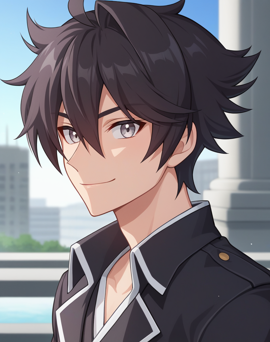 score_9, score_8_up, source_anime, original style, BREAK, rating_safe, <lora:ercnard_sieghart_pony:0.8>, straight-on,  ercnard_sieghart_pony, black hair, gray eyes, short hair, hair between eyes, 1boy, solo, male focus, cowboy shot,  outdoors, looking at viewer,