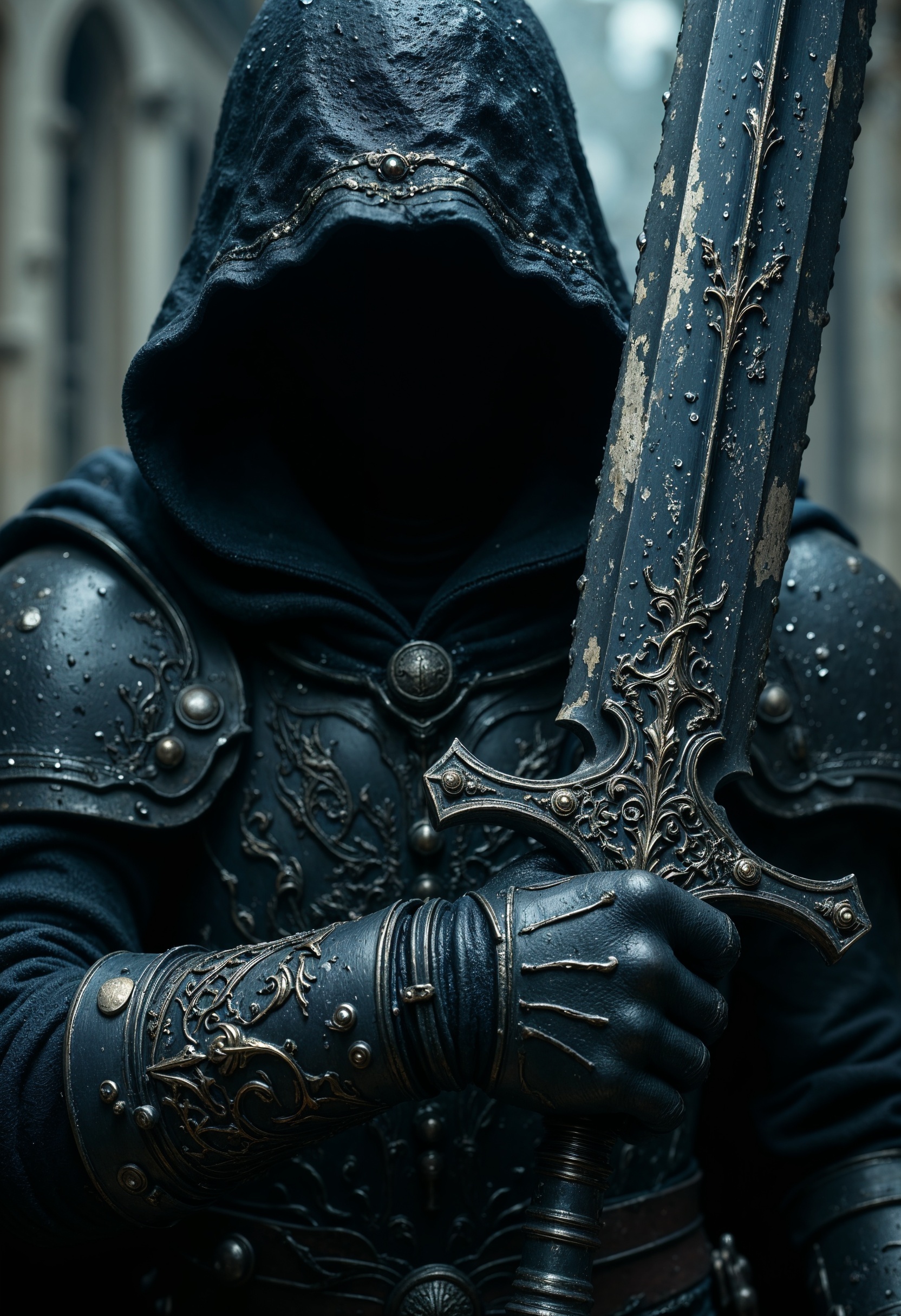 R3alisticF, A mysterious, hooded figure. The figure is clad in intricately detailed black armor, adorned with ornate patterns and textures that suggest a gothic or medieval style. The hood obscures the face, casting deep shadows that enhance the enigmatic presence. The figure's hands, covered in armored gauntlets, grip the hilt of a large, menacing sword. The sword's blade is partially visible, reflecting a cold, metallic sheen. The background is blurred, emphasizing the central figure and adding to the atmospheric, moody tone of the composition. Water droplets are visible on the armor, suggesting a recent rain or mist, adding a dynamic element to the scene. <lora:FluxMythR3alisticF:1>