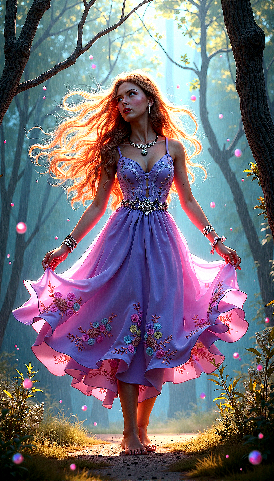 
Extreme realism in a complex, highly detailed composition featuring a beautiful young lady with perfect face and perfect skin, moist and wet skin with flowing rainbow-colored hair, wavy hair, large multicolored eyes, ample bosom, slim waist, . The rainbow glowing background, with its vibrant colors, exaggerated details, intricate textures, and dynamic lighting, creates a whimsical, dreamy atmosphere in photorealistic quality. She is wearing Lavender tea-length dress with embroidered floral patternn, simple glittering necklace, intricate bangle, intricate bracelet, intricate armlet, 


Small, glowing particles floating in the air, adding a magical and ethereal quality to the scene.Clouds with an iridescent sheen, reflecting multiple colors and adding a whimsical touch to the sky.Tree branches that emit a soft light, adding a mystical and natural element to the background.Veils of light that glimmer softly, adding a touch of magic and softness to the scene.Raindrops that glow subtly, adding texture and a soft, rainy atmosphere to the scene.

Standing with her arms outstretched, twirling slightly as the wind catches her dress







